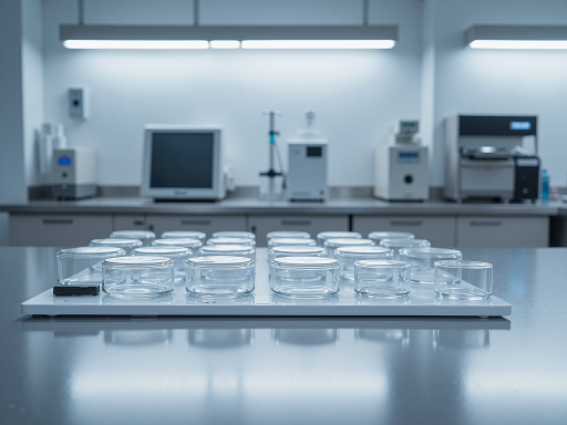 细胞培养耗材展示,多孔板、培养皿等实验器皿整齐摆放,实验室背景,专业细胞培养用品